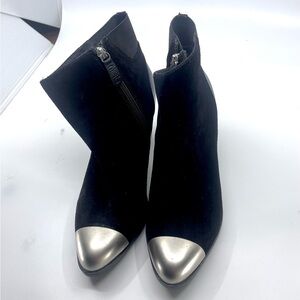 Black Suede Heeled Boots with Silver Metallic Toe Cap